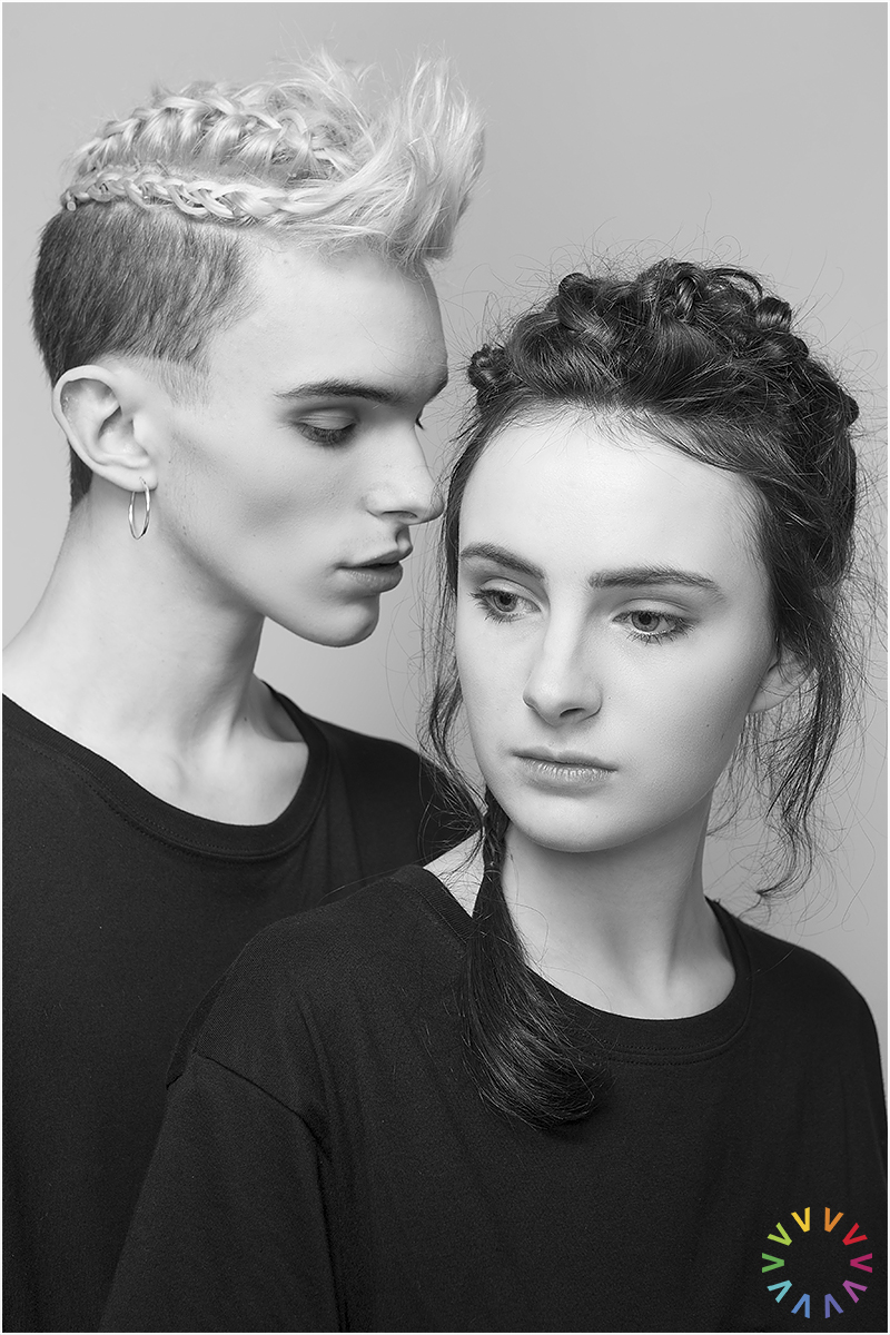Black and White photograph of Manchester models Imogen Richards and Callum Shaw wearing the new BiNO Clothing range.